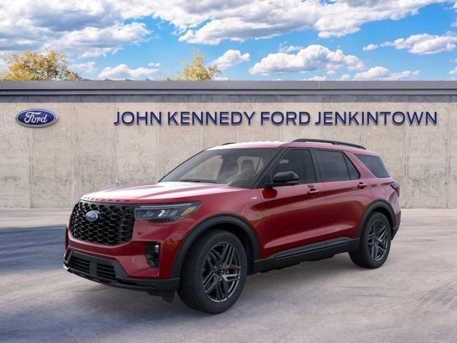 2026 Ford Explorer ST-Line in Rapid Red Metallic Tinted Clearcoat — front three-quarter view