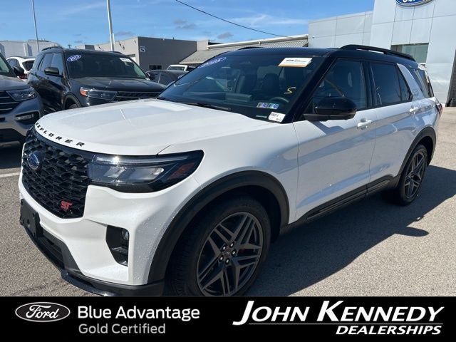 2025 Ford Explorer ST in Star White Metallic Tri-Coat — front three-quarter view